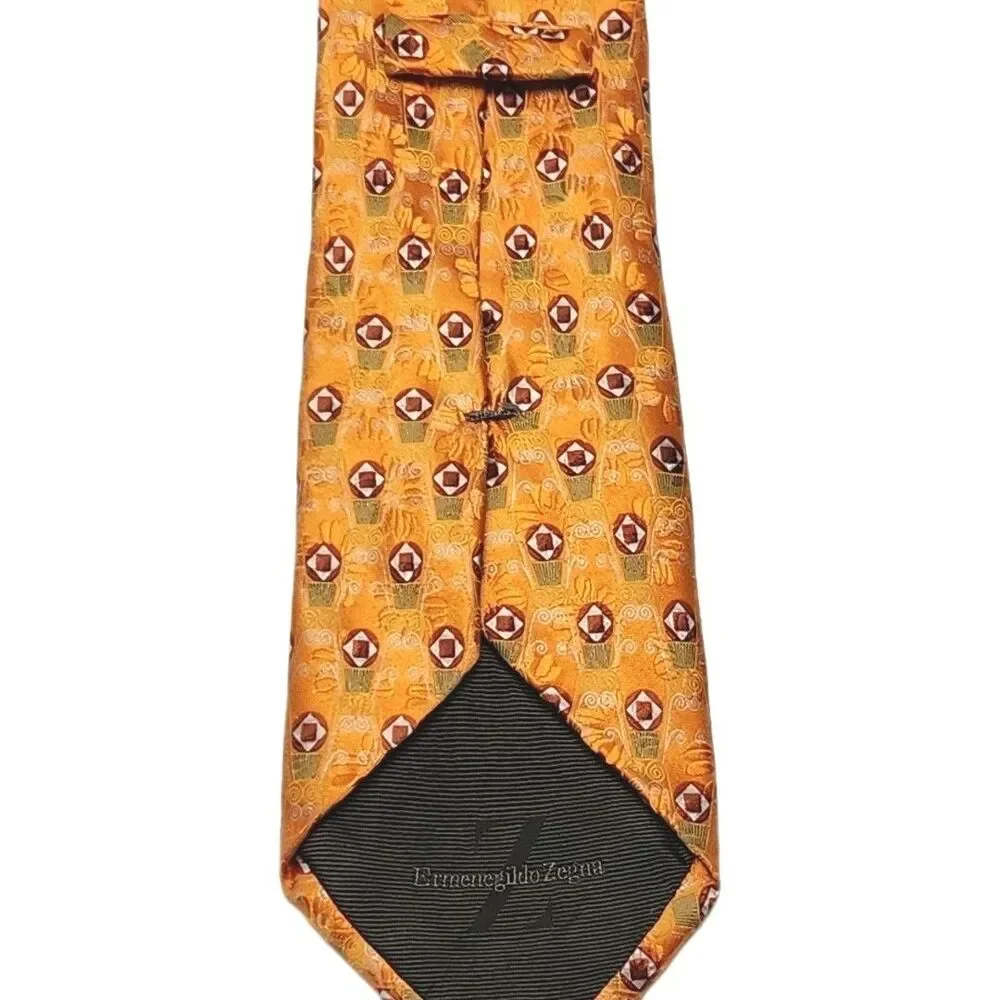 Ermenegildo Zegna Tie Necktie 100% Silk Orange Geometric Print Italy